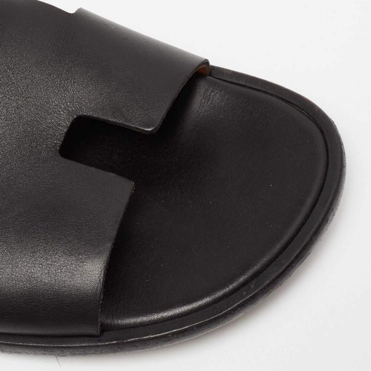 Pre Owned Hermes Black Leather Izmir Flat Slides Size 42  