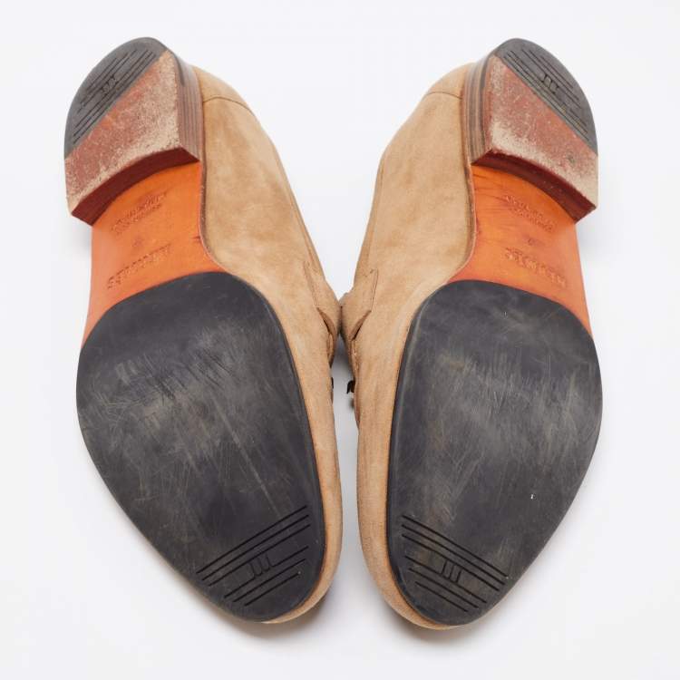 Pre Owned Hermes Brown Suede H Logo Slip On Loafers Size 42 