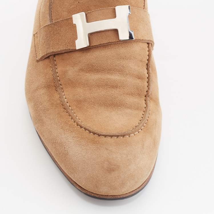 Pre Owned Hermes Brown Suede H Logo Slip On Loafers Size 42 