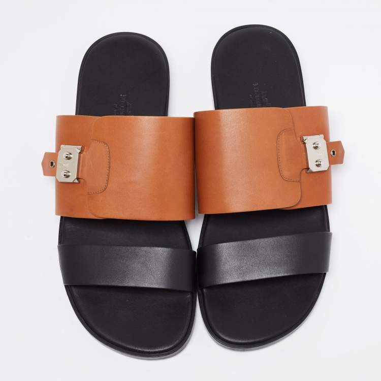 Pre Owned Hermes Brown/Black Leather Ionie Flat Slide Sandals Size 40.5