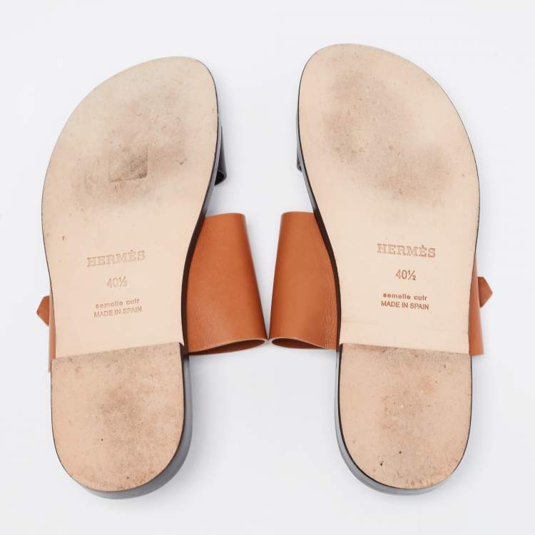 Pre Owned Hermes Brown/Black Leather Ionie Flat Slide Sandals Size 40.5
