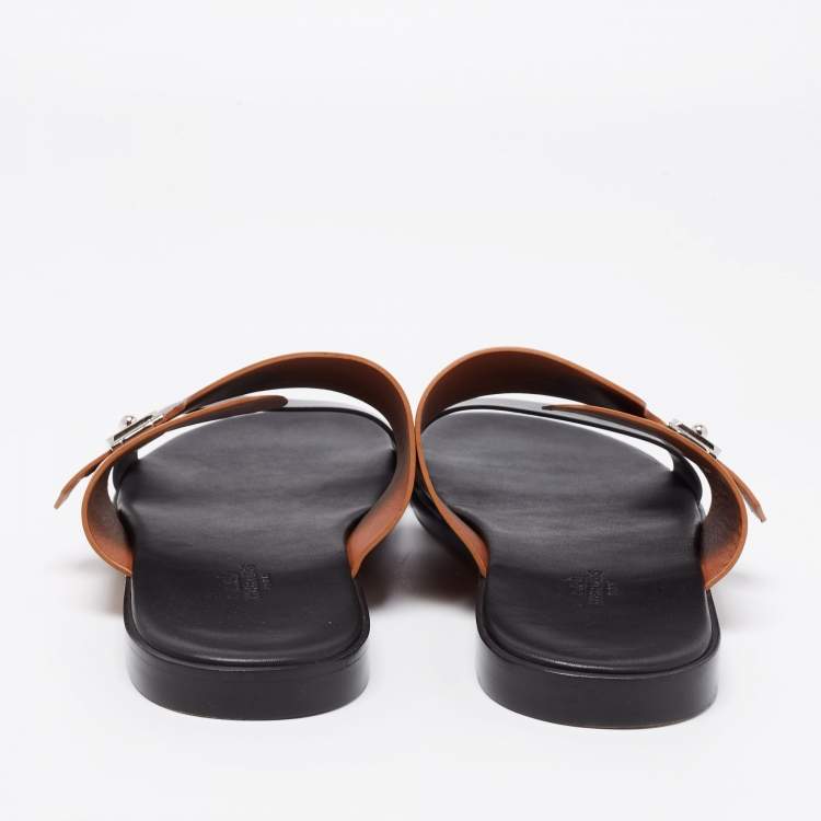 Pre Owned Hermes Brown/Black Leather Ionie Flat Slide Sandals Size 40.5