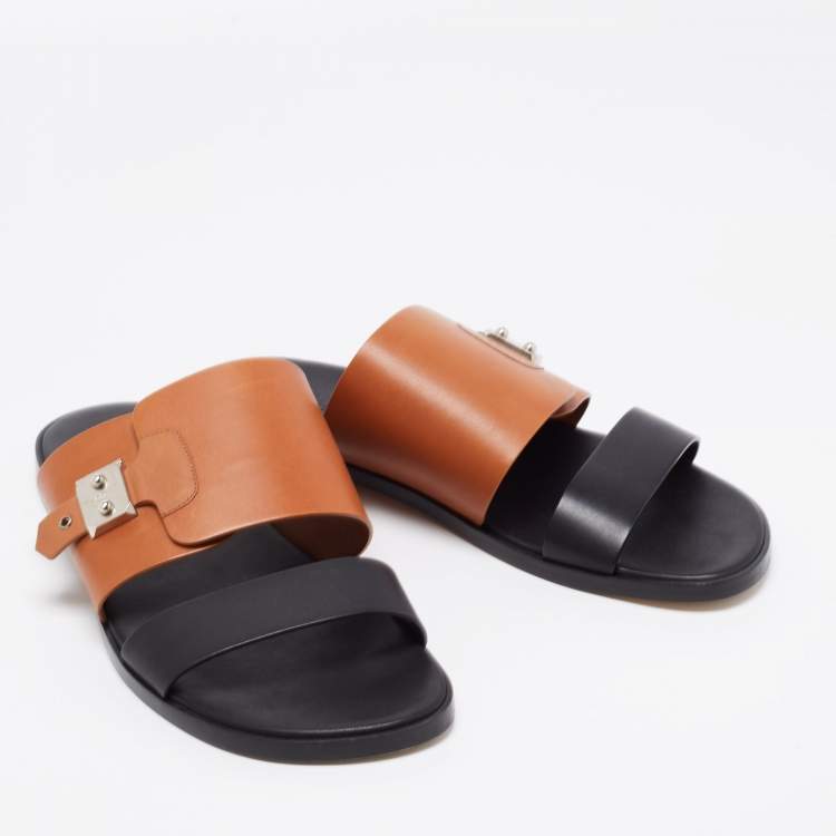 Pre Owned Hermes Brown/Black Leather Ionie Flat Slide Sandals Size 40.5