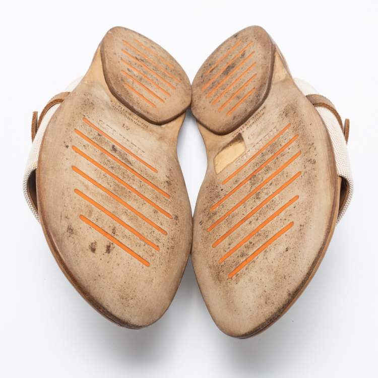 Pre Owned Hermes Cream/Brown Canvas And Leather Flat Sandals Size 41