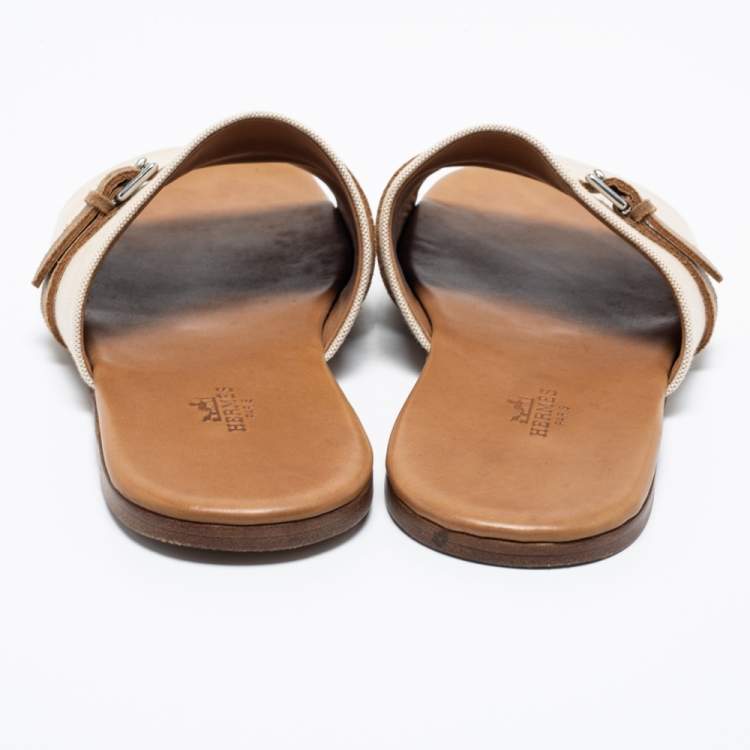 Pre Owned Hermes Cream/Brown Canvas And Leather Flat Sandals Size 41
