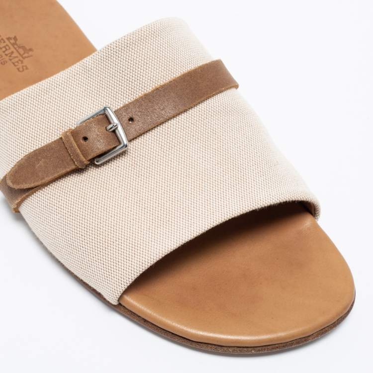 Pre Owned Hermes Cream/Brown Canvas And Leather Flat Sandals Size 41