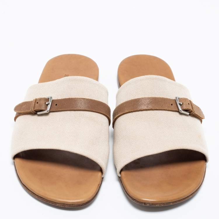 Pre Owned Hermes Cream/Brown Canvas And Leather Flat Sandals Size 41