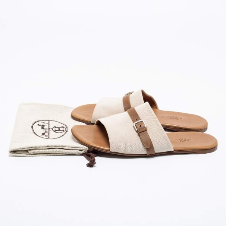Pre Owned Hermes Cream/Brown Canvas And Leather Flat Sandals Size 41