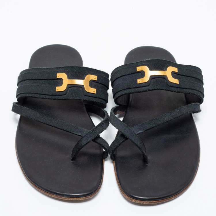 Pre Owned Hermes Black Suede Ring Toe Flat Sandals Size 41