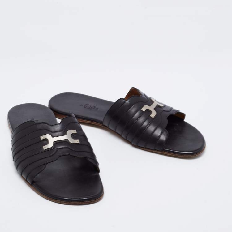 Pre Owned Hermes Black Leather Slide  Sandals Size 41