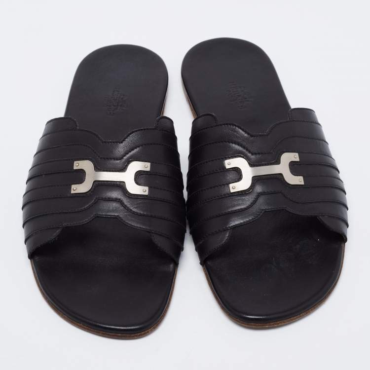 Pre Owned Hermes Black Leather Slide  Sandals Size 41