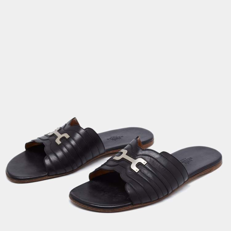 Pre Owned Hermes Black Leather Slide  Sandals Size 41