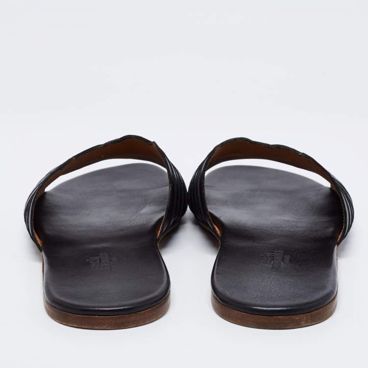 Pre Owned Hermes Black Leather Slide  Sandals Size 41