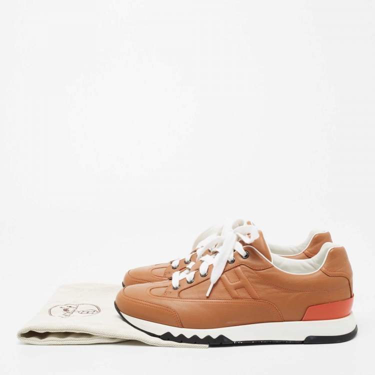 Pre Owned Hermes Tan Leather H Logo Low-Top Sneakers Size 42