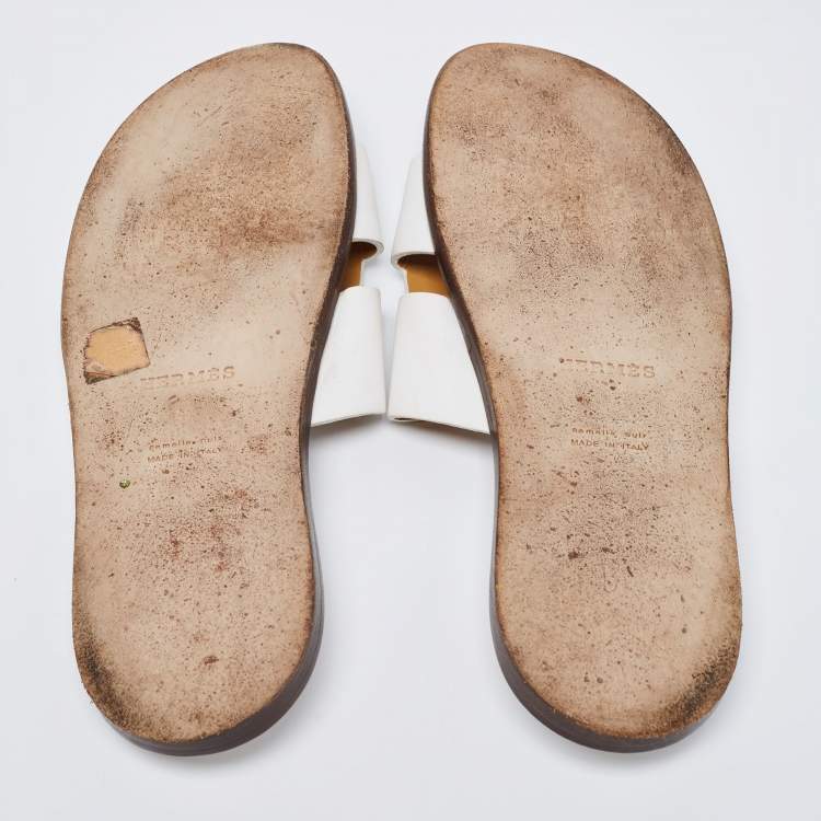 Pre Owned Hermes White Leather Izmir Slide Sandals Size 45