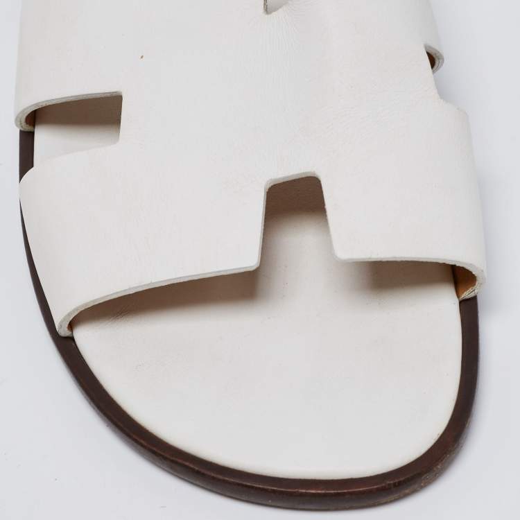 Pre Owned Hermes White Leather Izmir Slide Sandals Size 45