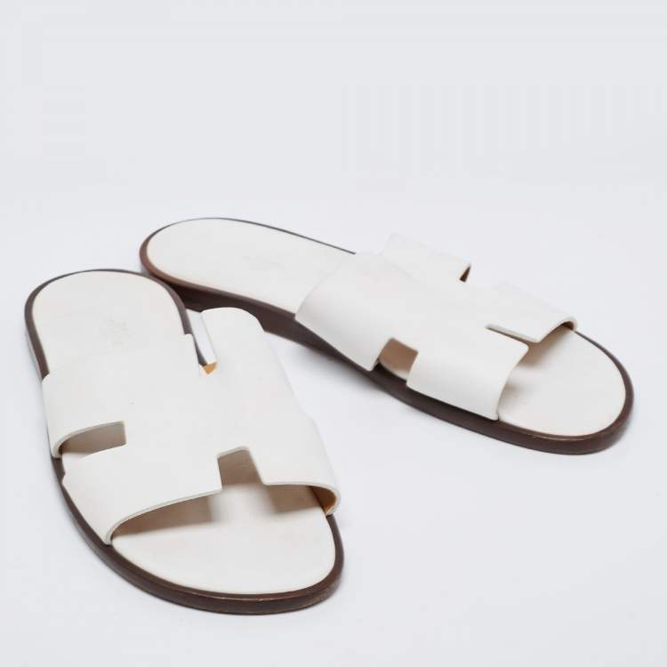 Pre Owned Hermes White Leather Izmir Slide Sandals Size 45