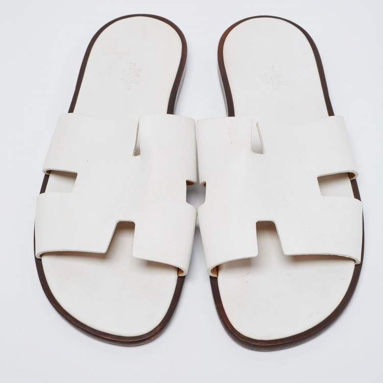 Pre Owned Hermes White Leather Izmir Slide Sandals Size 45