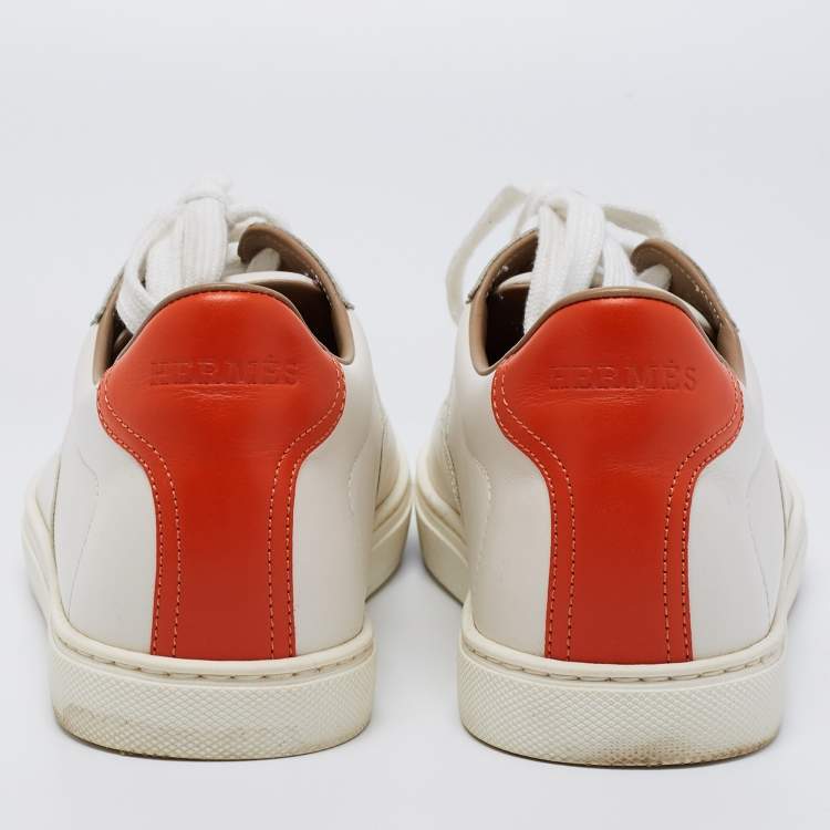 Pre Owned Hermes White/Orange Leather Quicker Low-Top Sneakers Size 41.5