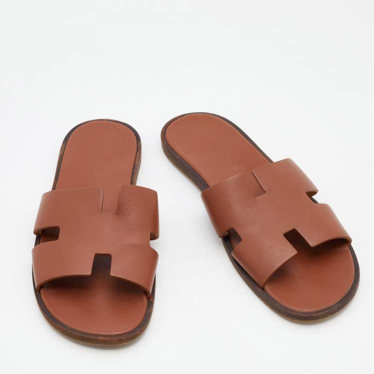 Pre Owned Hermes Brown Leather Izmir Flat Slides Size 47