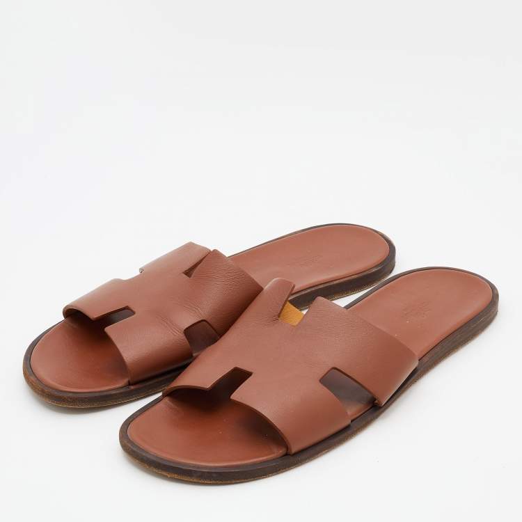 Hermes Brown Leather Izmir Flat Slides Size 47 Hermes TLC