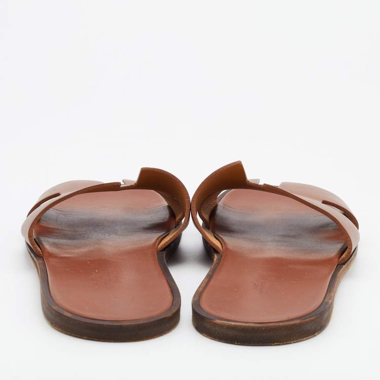 Pre Owned Hermes Brown Leather Izmir Flat Slides Size 47