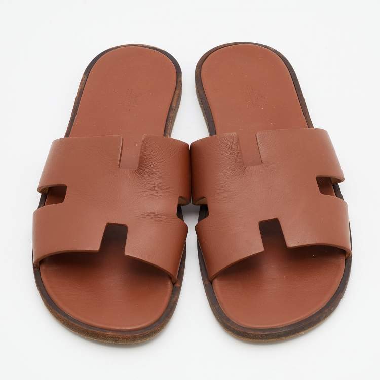Pre Owned Hermes Brown Leather Izmir Flat Slides Size 47