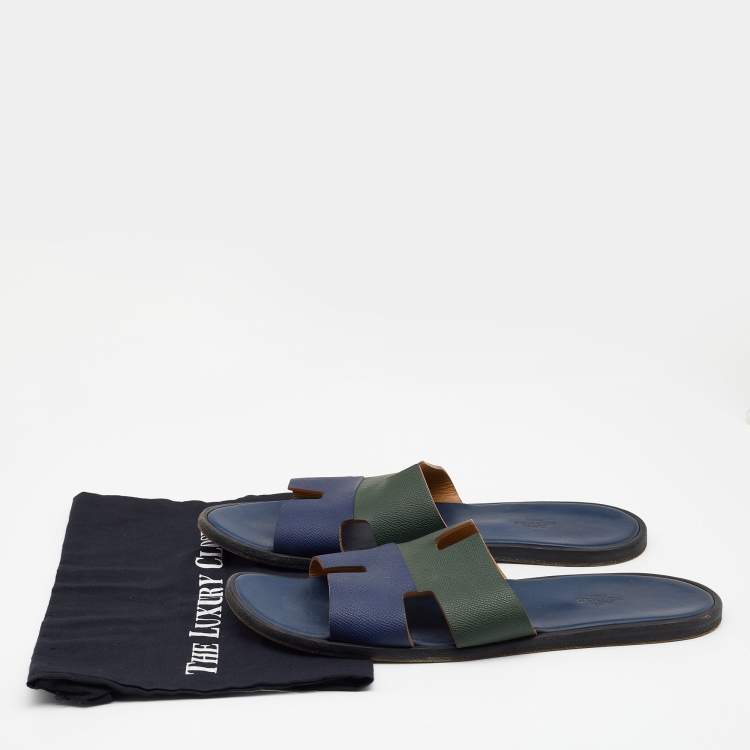 Pre Owned Hermes Blue/Green Leather Izmir Flat Slides Size 47
