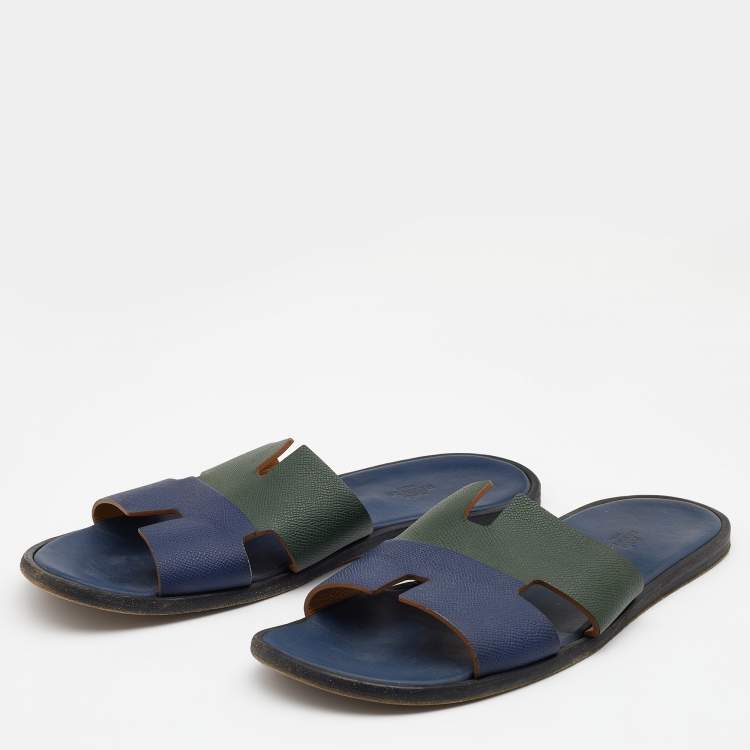 Pre Owned Hermes Blue/Green Leather Izmir Flat Slides Size 47