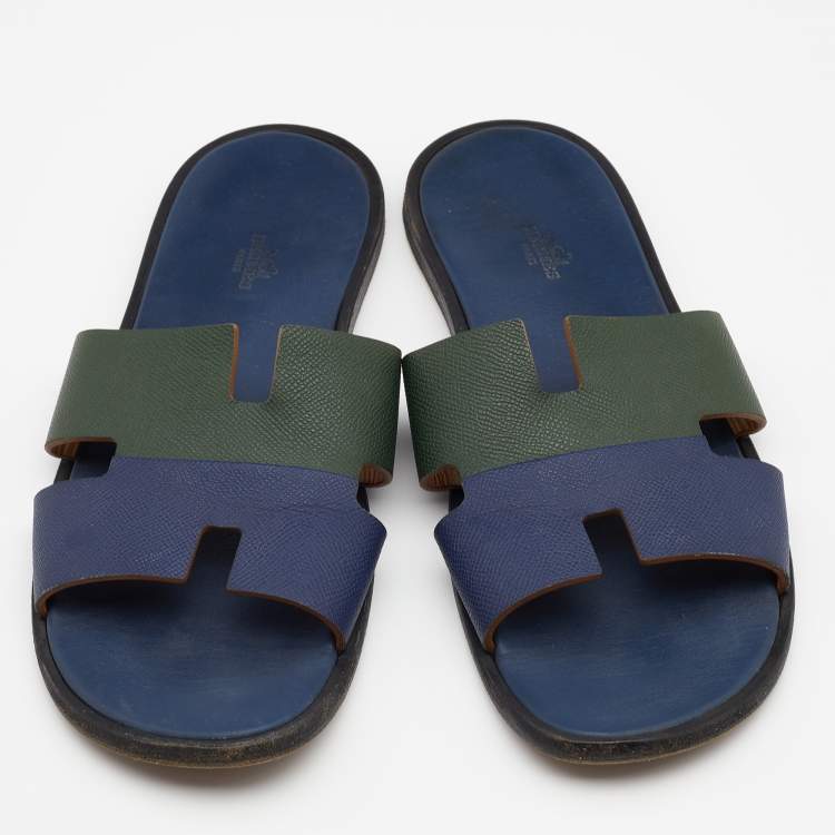 Pre Owned Hermes Blue/Green Leather Izmir Flat Slides Size 47