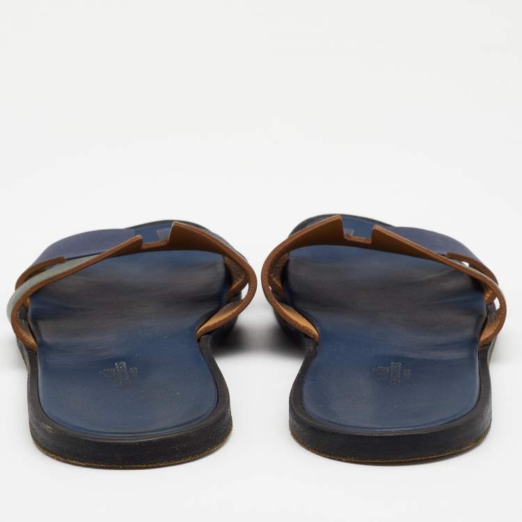 Pre Owned Hermes Blue/Green Leather Izmir Flat Slides Size 47