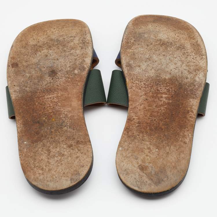 Pre Owned Hermes Blue/Green Leather Izmir Flat Slides Size 47