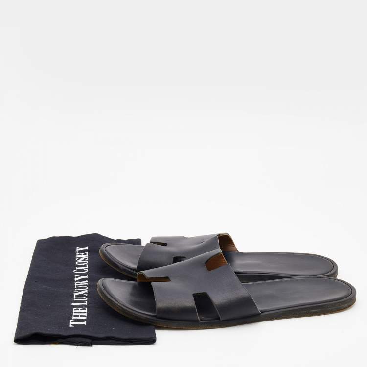 Pre Owned Hermes Black Leather Izmir Flat Slides Size 47