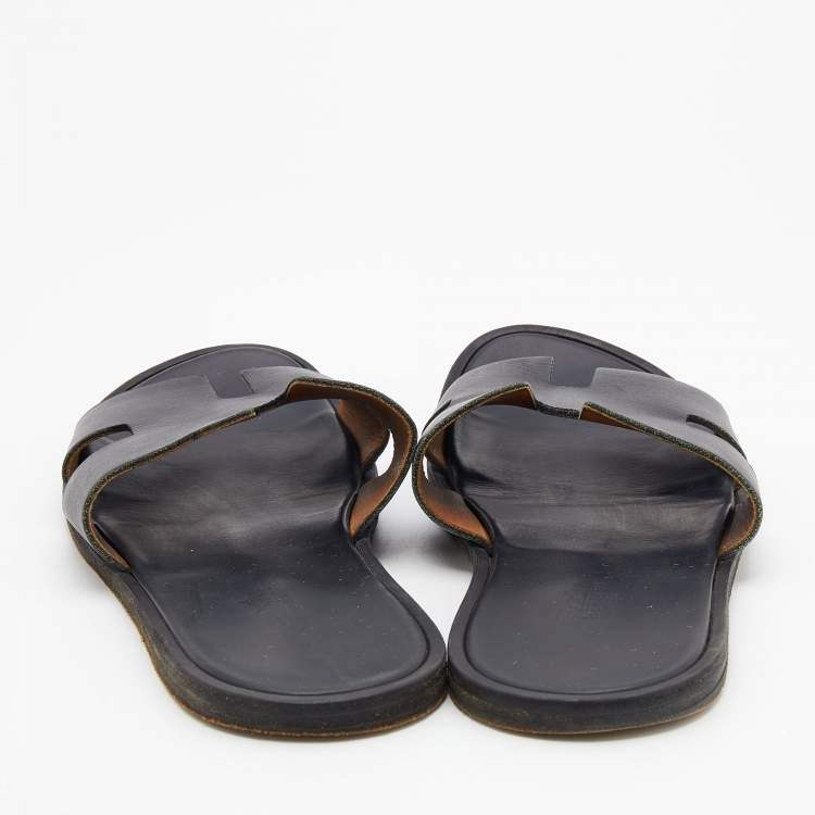 Pre Owned Hermes Black Leather Izmir Flat Slides Size 47