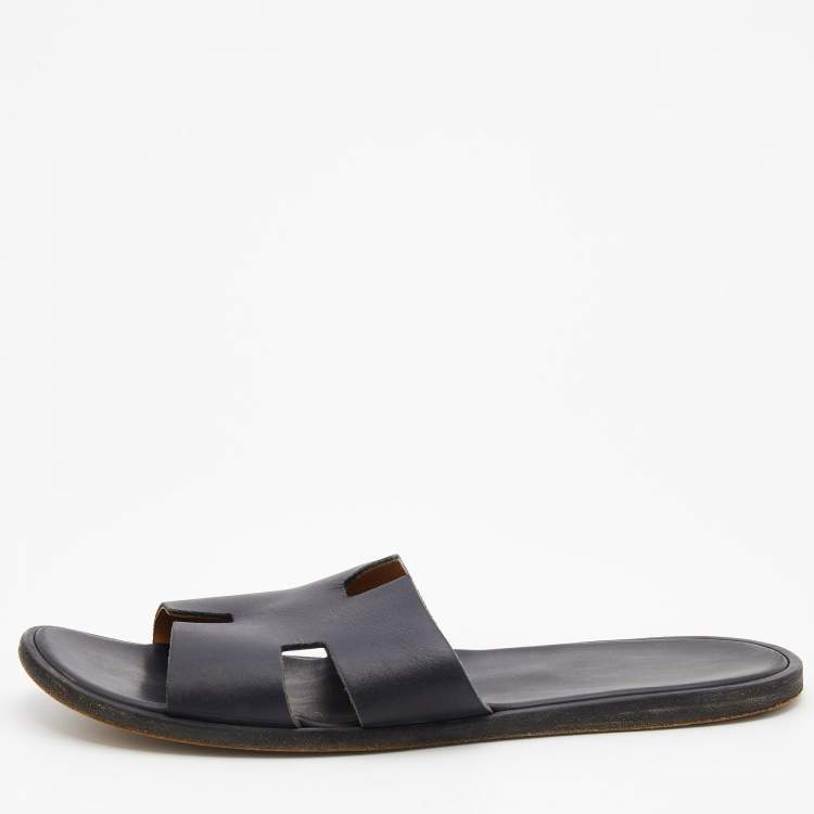 Pre Owned Hermes Black Leather Izmir Flat Slides Size 47