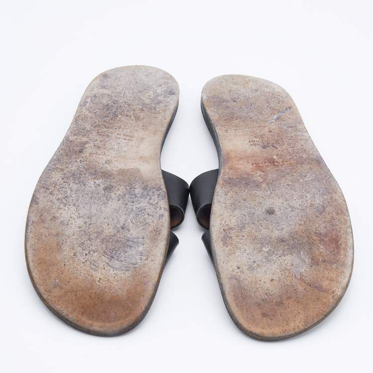 Pre Owned Hermes Black Leather Izmir Flat Slides Size 47