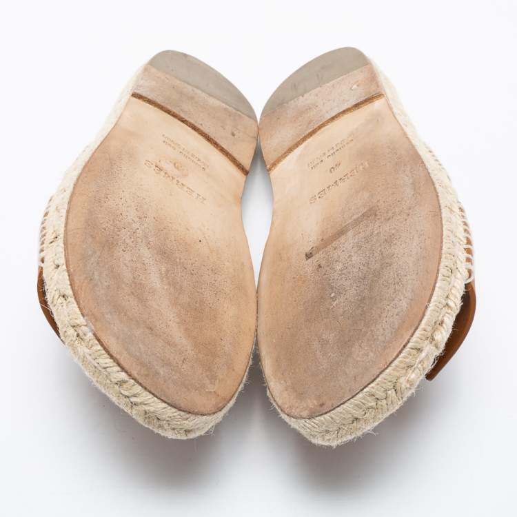 Pre Owned Hermes Tan Leather Antigua Espadrille Flat Slides Size 40