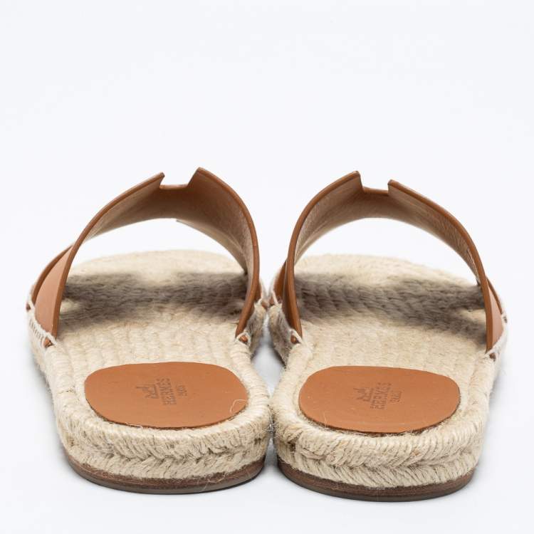 Pre Owned Hermes Tan Leather Antigua Espadrille Flat Slides Size 40