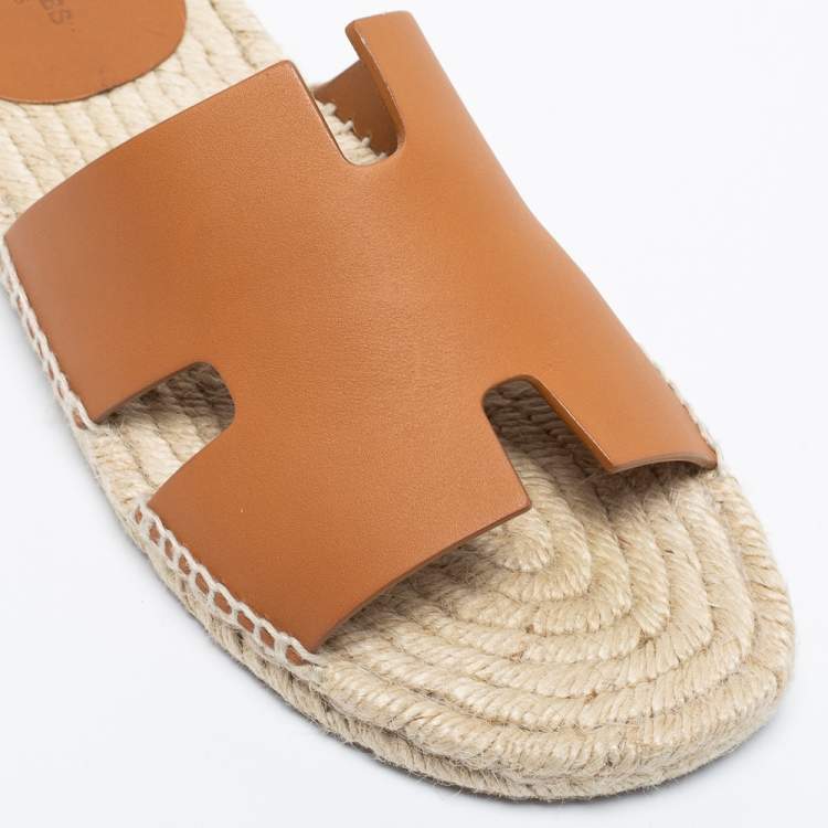 Pre Owned Hermes Tan Leather Antigua Espadrille Flat Slides Size 40