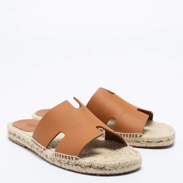 Pre Owned Hermes Tan Leather Antigua Espadrille Flat Slides Size 40