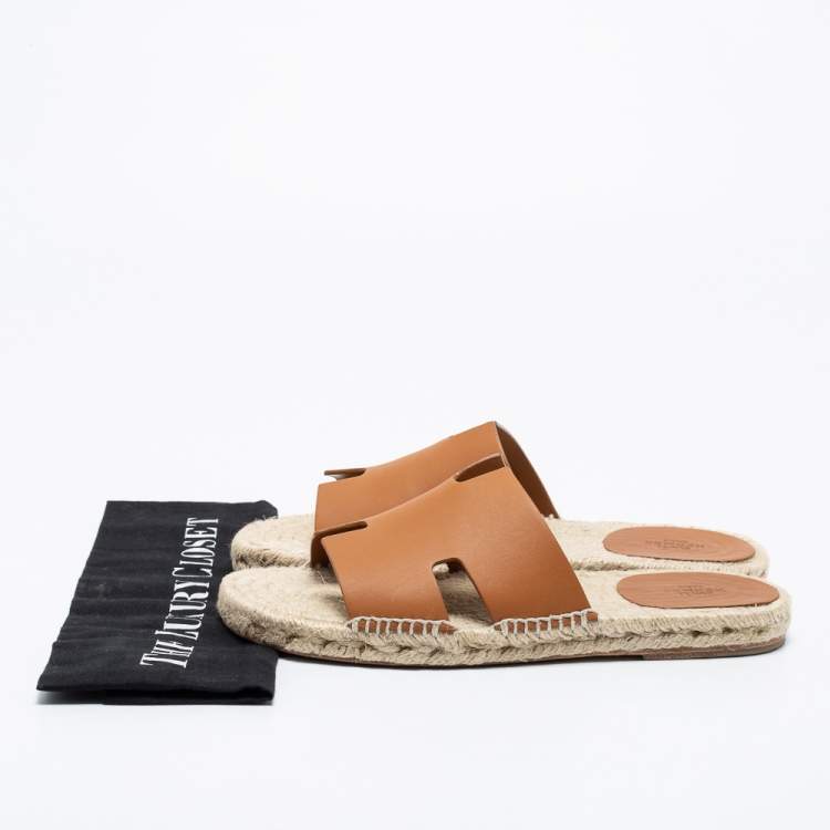 Pre Owned Hermes Tan Leather Antigua Espadrille Flat Slides Size 40