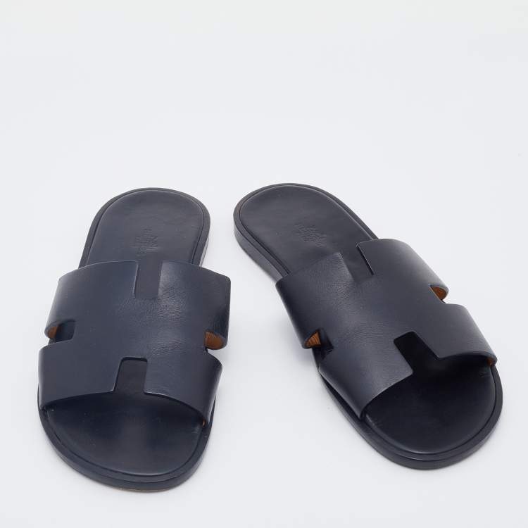 Pre Owned Hermes Black Leather Izmir Flat Slides Size 42.5