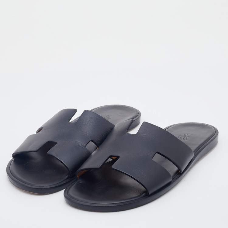 Pre Owned Hermes Black Leather Izmir Flat Slides Size 42.5
