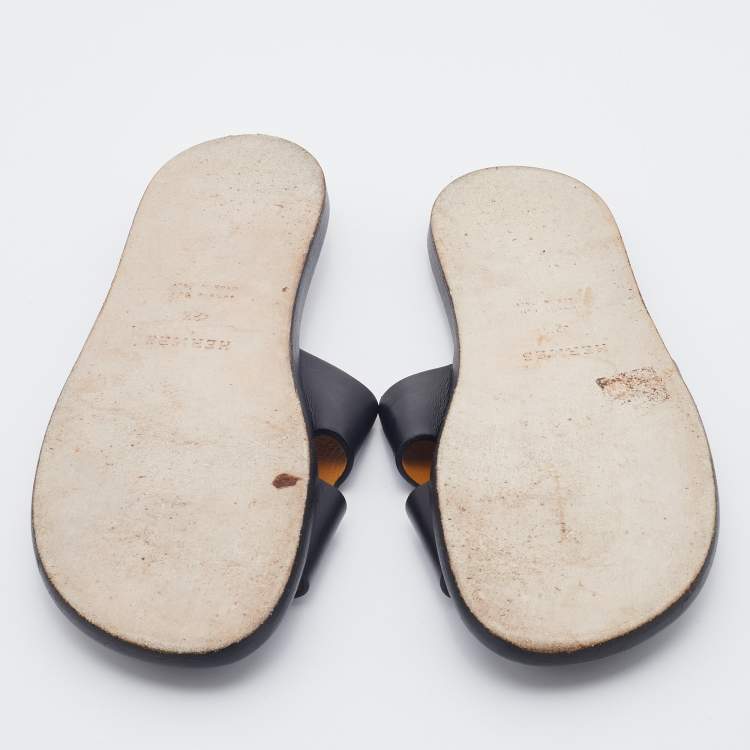 Pre Owned Hermes Black Leather Izmir Flat Slides Size 42.5
