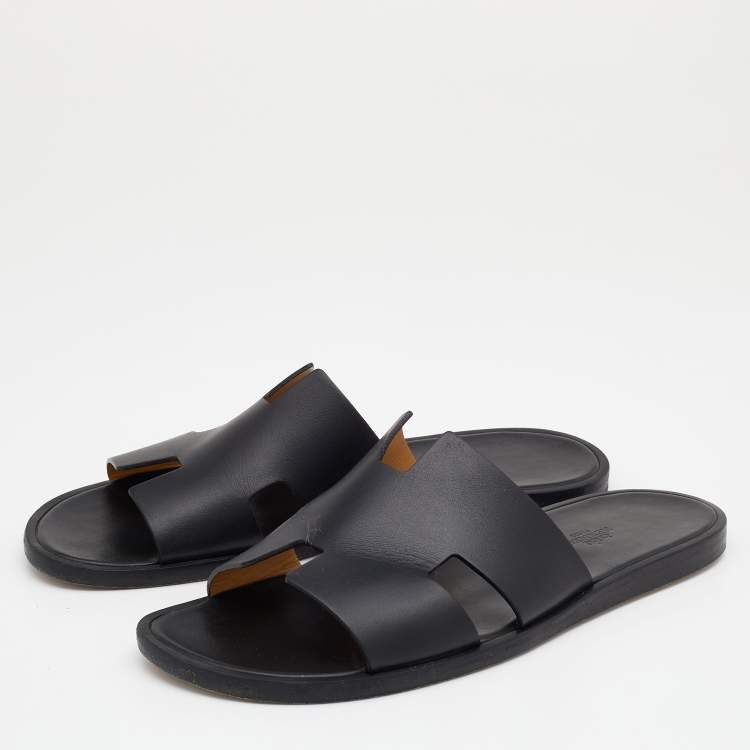 Pre Owned Hermes Black Leather Izmir Flat Slides Size 43