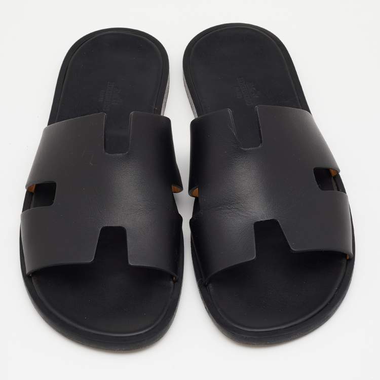 Pre Owned Hermes Black Leather Izmir Flat Slides Size 43