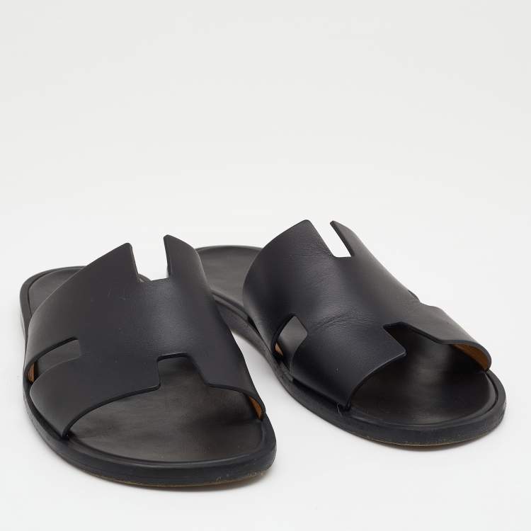 Pre Owned Hermes Black Leather Izmir Flat Slides Size 43