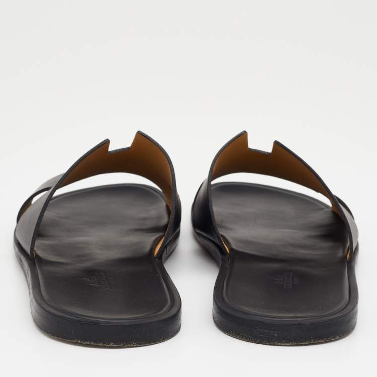 Pre Owned Hermes Black Leather Izmir Flat Slides Size 43