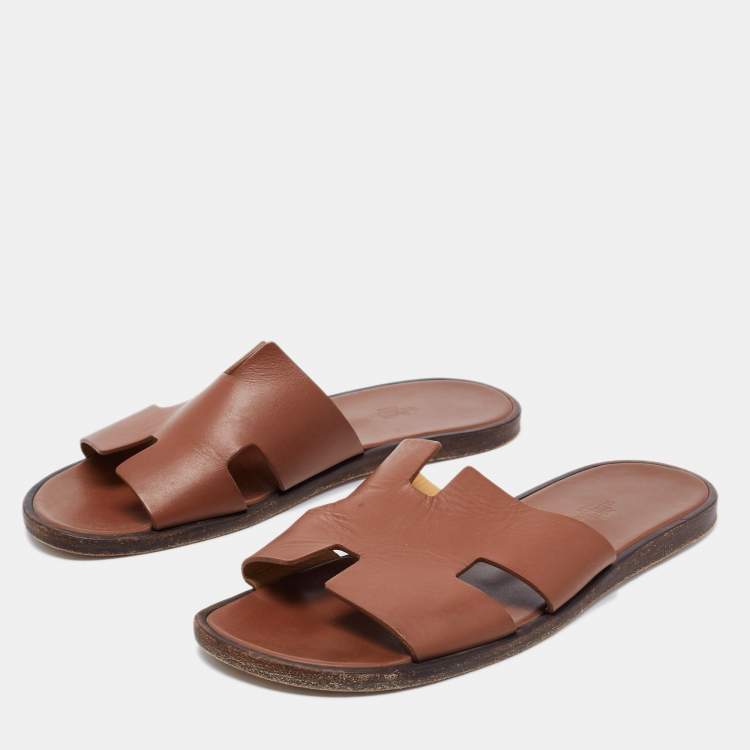 Pre Owned Hermes Brown Leather Izmir Slides Size 43