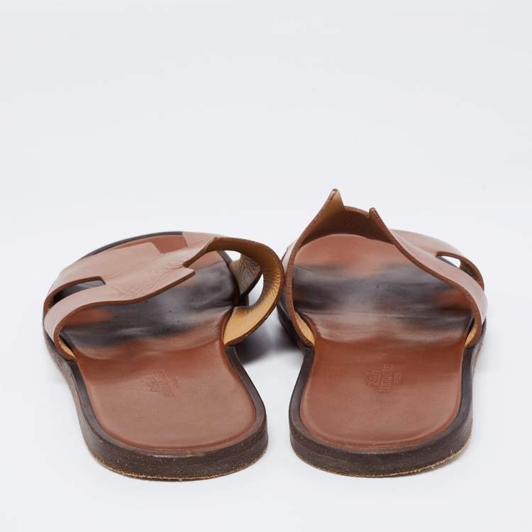 Pre Owned Hermes Brown Leather Izmir Slides Size 43